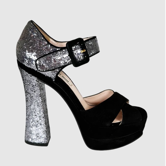 Miu Miu Shoes - Miu Miu Glitter Accent Platform Pumps